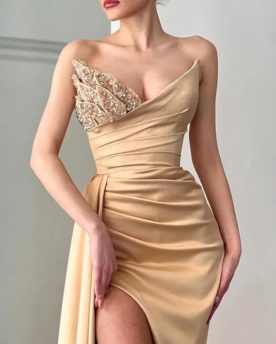 Женское атласное бальное платье-русалка Strapless Sequin Beaded Long Formal Evening Party Gown, Mauve — фото 2