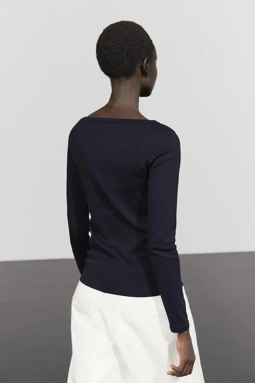 Лонгслив Massimo Dutti 100 % Cotton с вырезом лодочка, темно-синий — фото 3