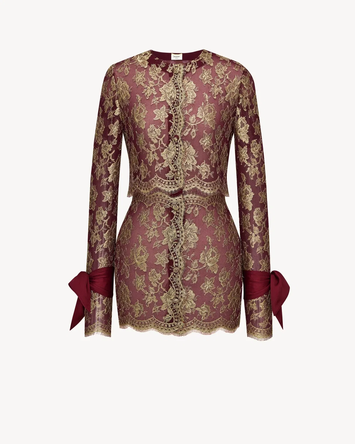 Мини-платье из кружева с длинным рукавом, Saint Laurent, фиолетовый