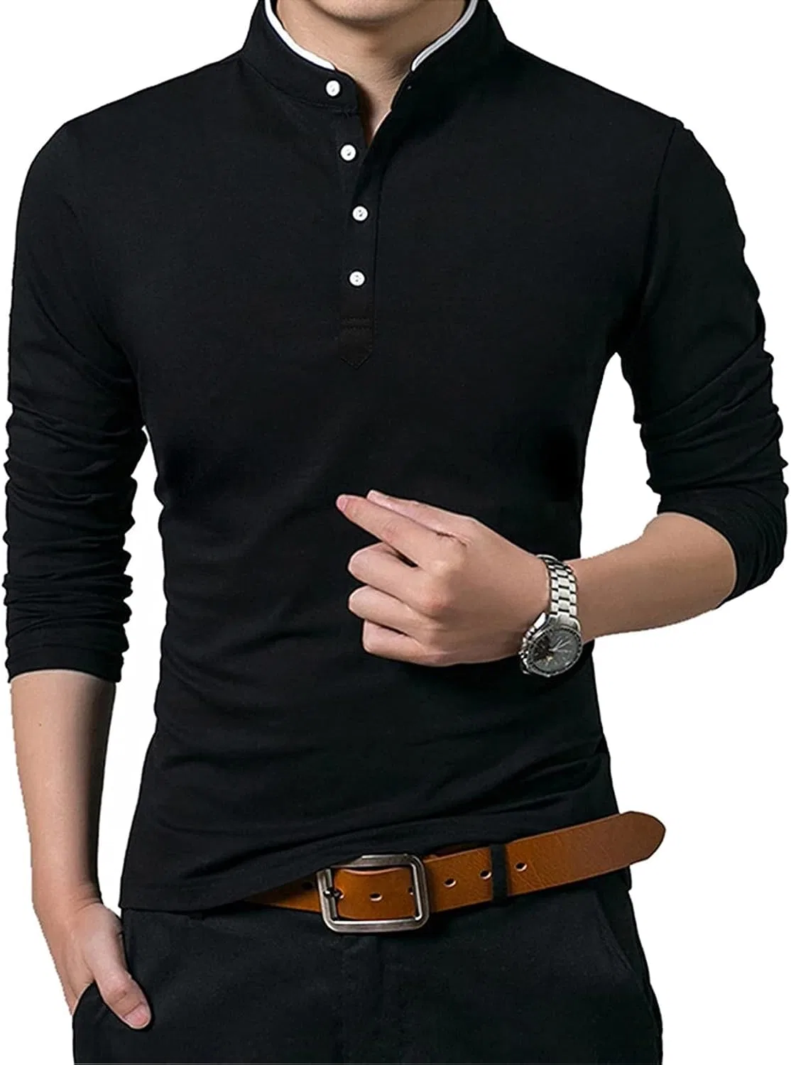 Мужская футболка с воротником-стойкой на пуговицах, Regular Fit, Black — фото 4