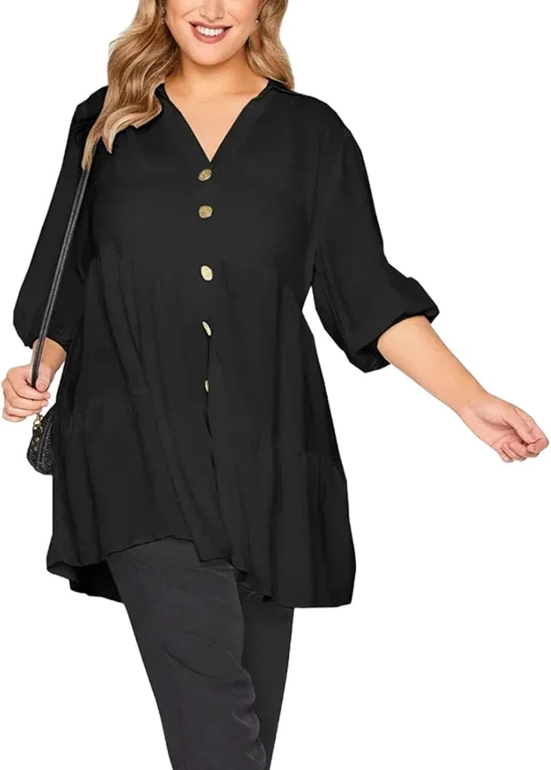 Женская блузка свободного кроя с принтом, модель Button Down Elegant Spring Tunic, чёрный