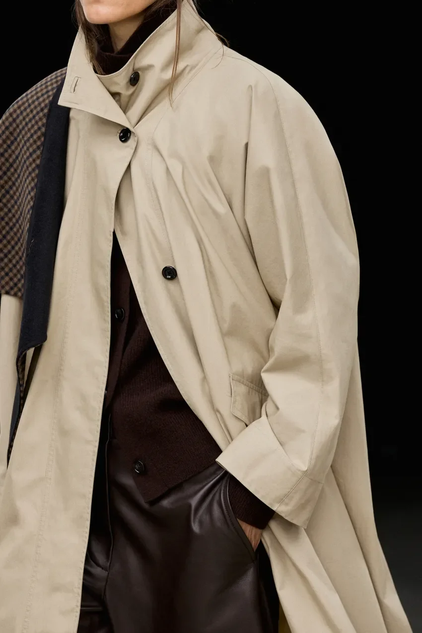 Tренч Massimo Dutti 100% Cotton High-Neck Trench, светло-бежевый — фото 3