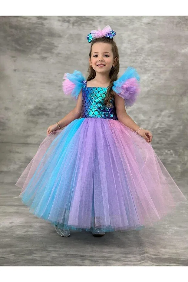 Детское платье для девочек с принтом Mermaid birthday dress Pumpido, Lilac Blue Pink — фото 2