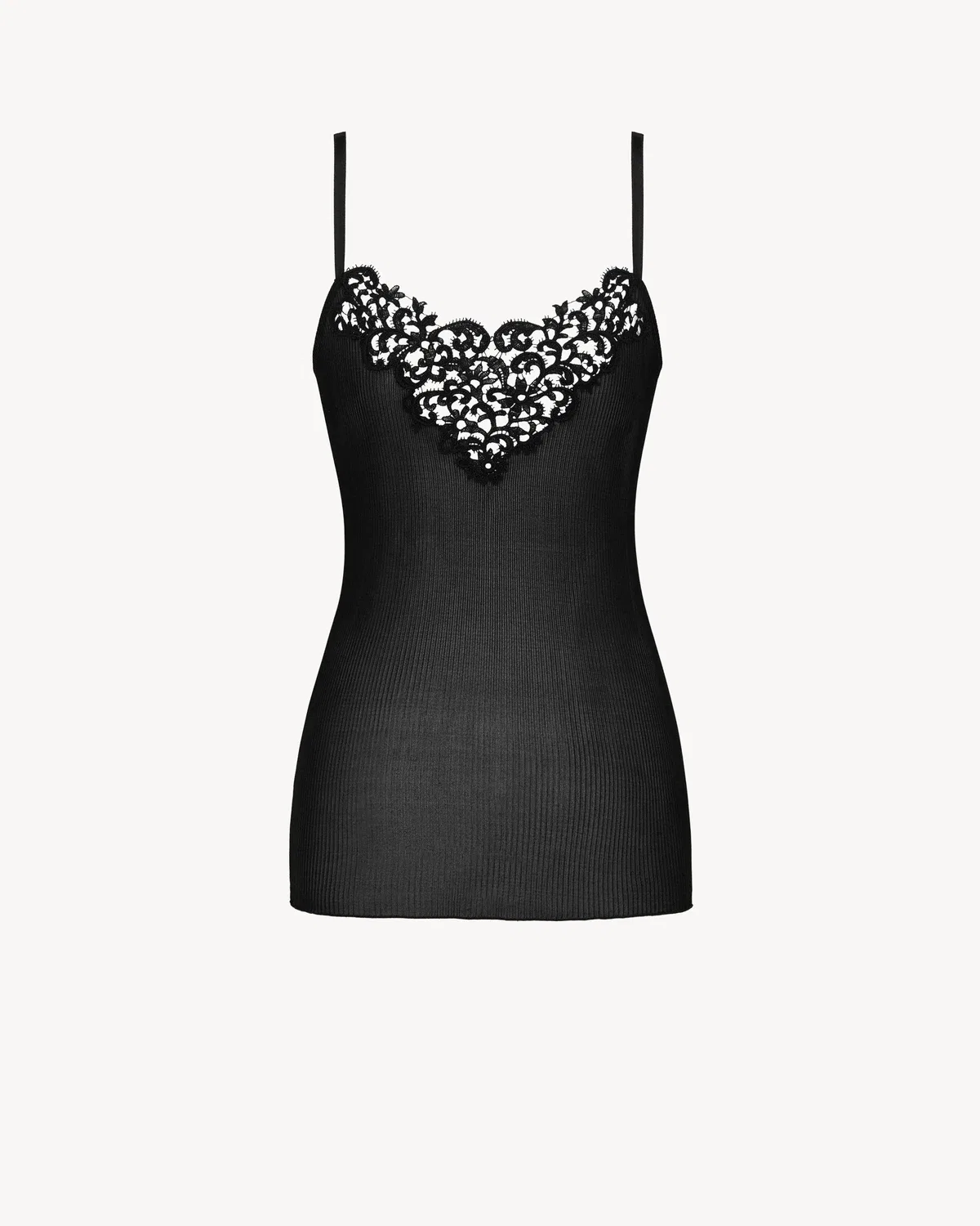 Гипюровый топ на бретельках из ребристого шелка SAINT LAURENT, черный