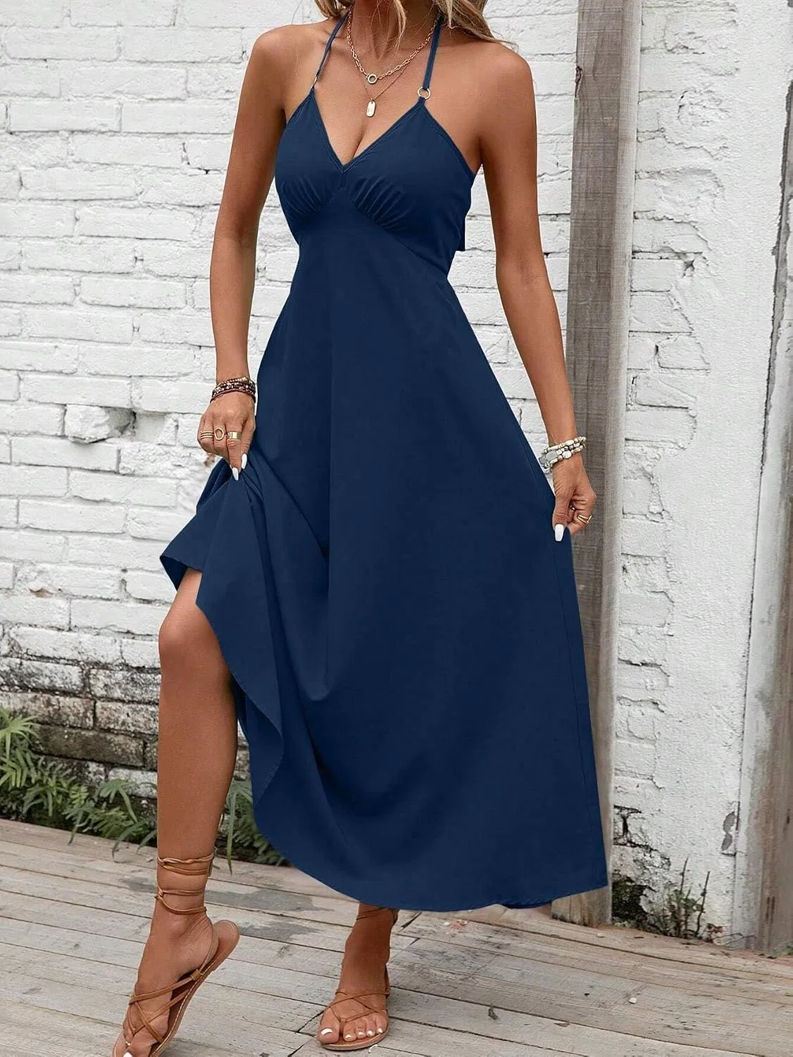 Женское летнее платье-макси на бретелях-халтер с открытой спиной, Navy Blue — фото 4
