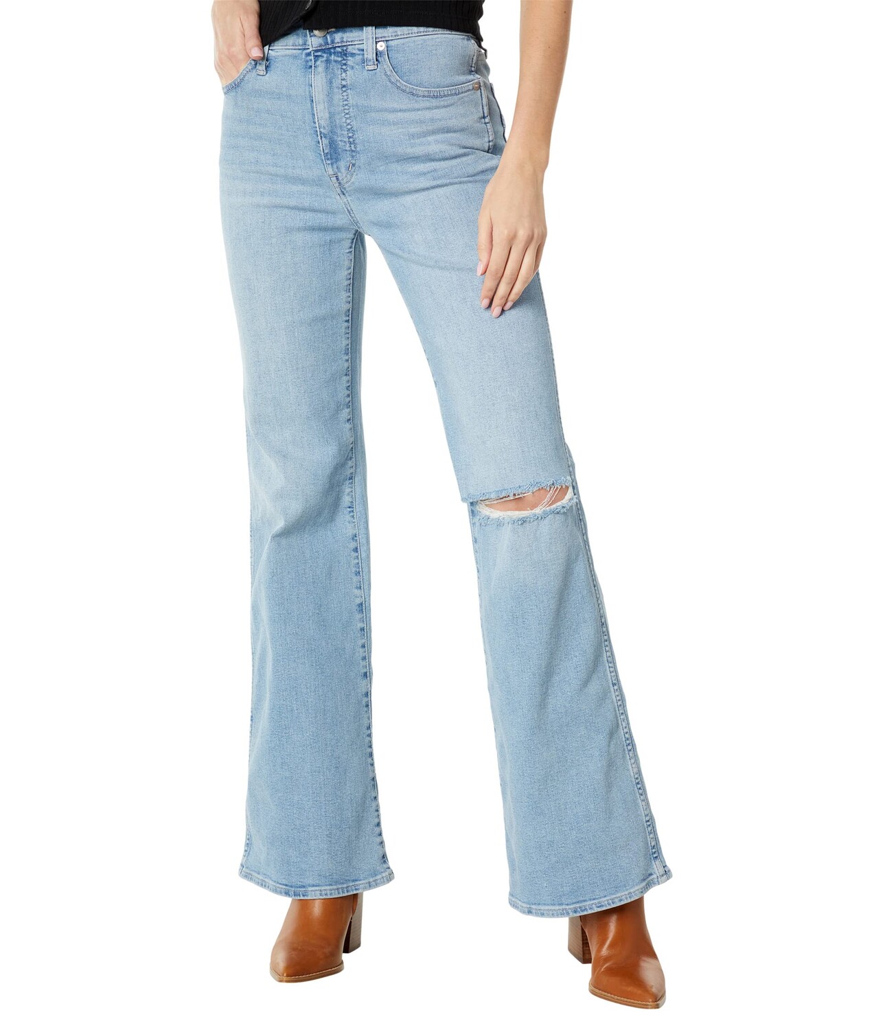 

Джинсы Madewell, 11" High-Rise Flare Jeans in Eversfield Wash: Knee-Rip Edition