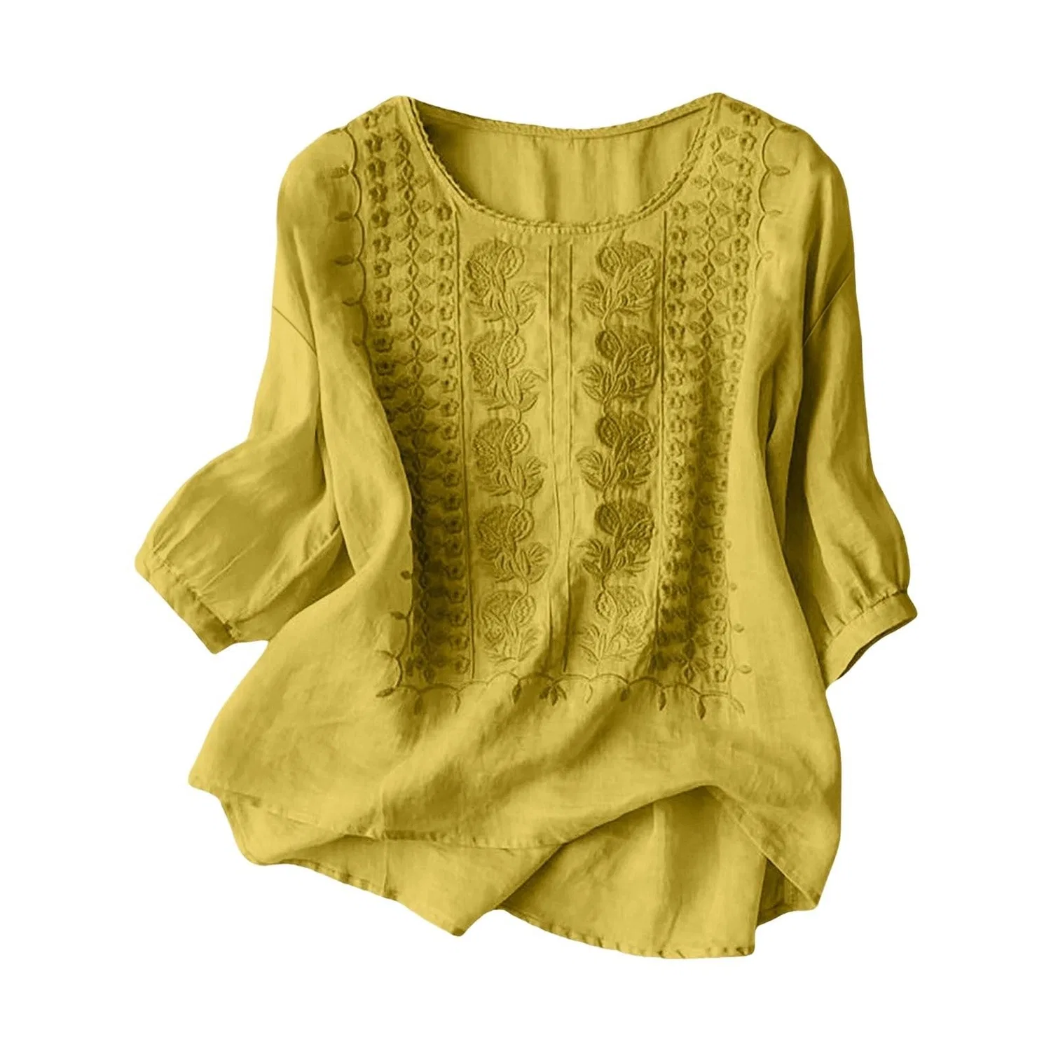 Женская блуза с цветочной вышивкой Cotton Linen Tops, Yellow Linen Shirts for Women