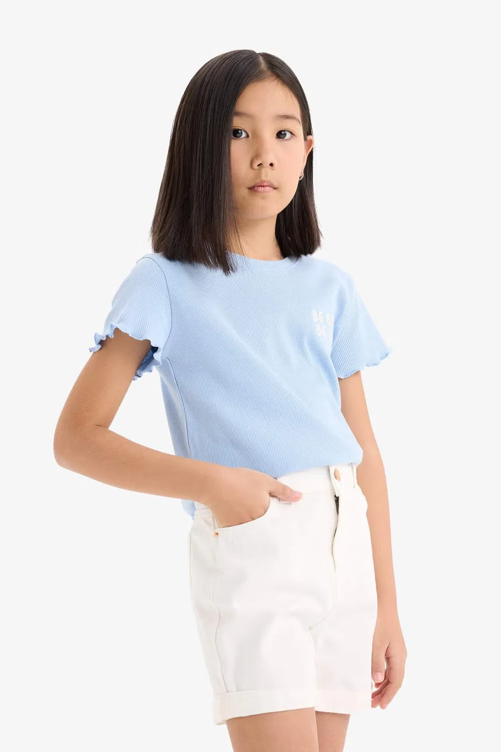 Футболка с принтом-слоганом, модель Girl slim fit slogan printed, Defacto, синий — фото 4