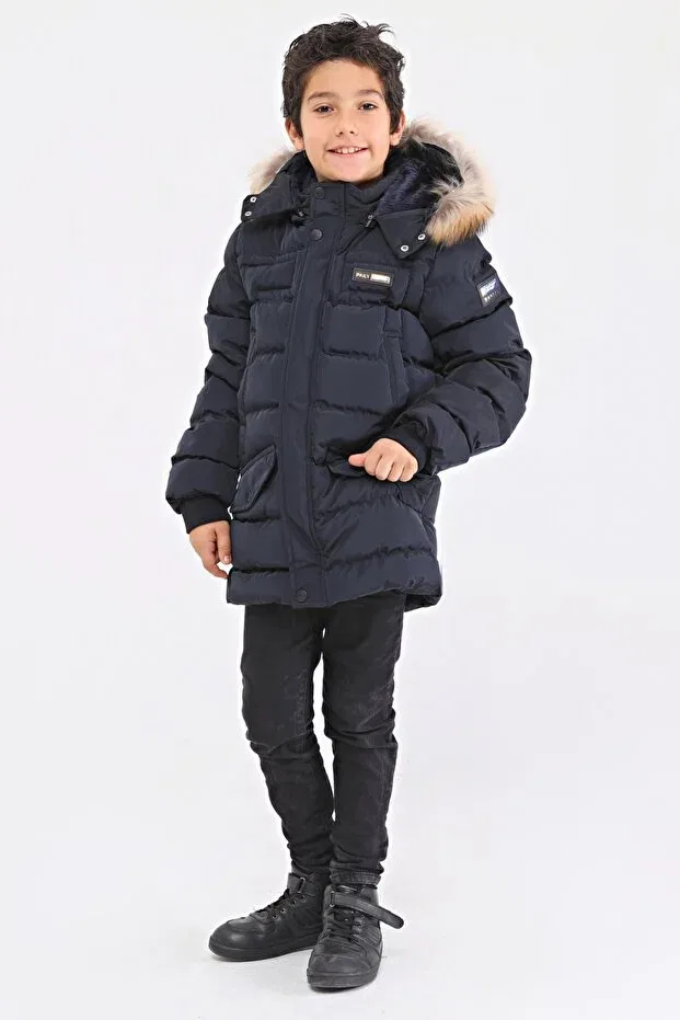 Детский зимнее пуховик для девочек с капюшоном Natural Fur Boy Puffer Coat Benitto Kids, Navy Blue