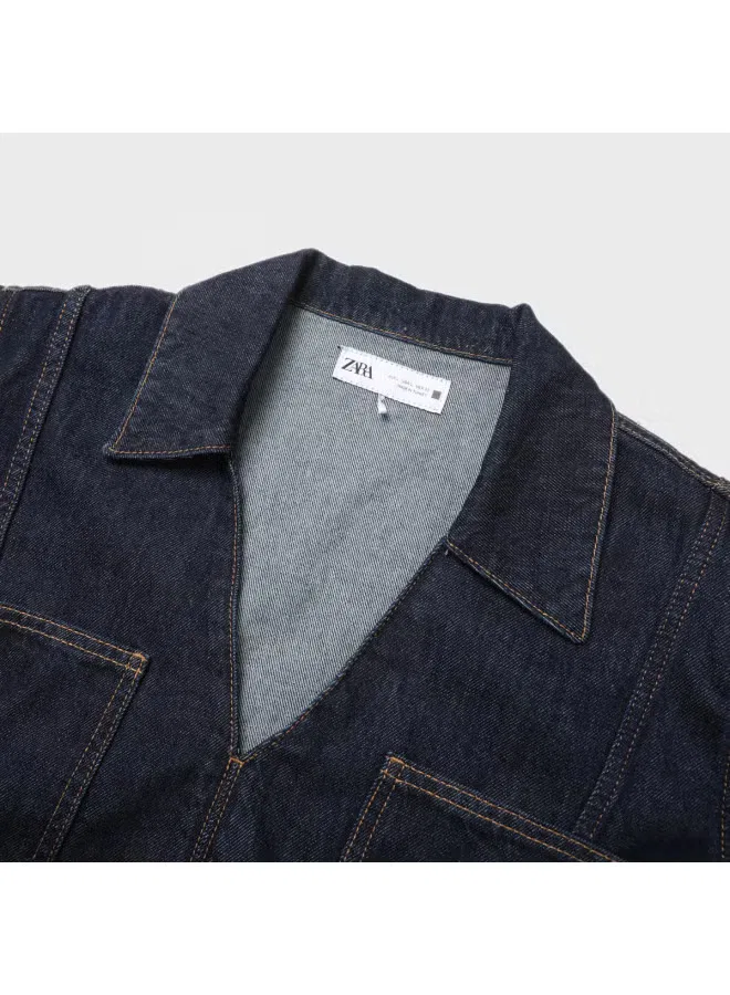 Рубашка джинсовая хлопковая с отложным воротником Zara, темно-синий — фото 4