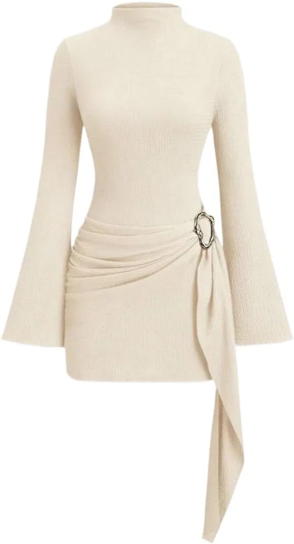 Женское мини-платье с защипами с воротником-стойкой Asymmetric, Apricot
