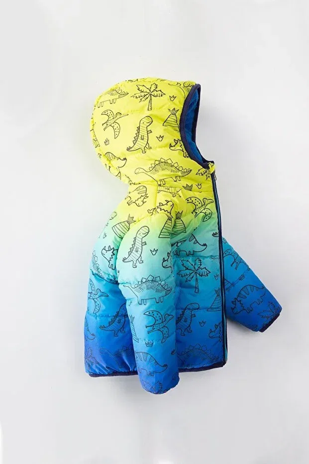 Детское пальто для мальчиков с принтом Dinosaur patterned boy's coat with hood and fleece inside - skinny fit Vitrinmixmini, Blue — фото 4