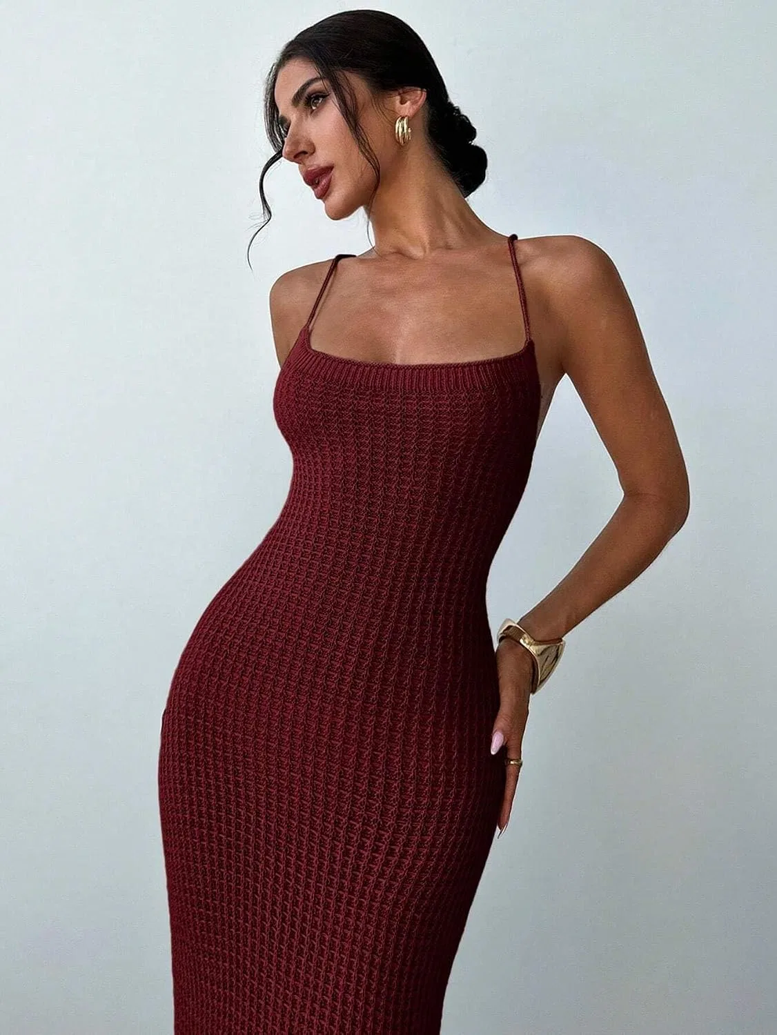 Женское сексуальное платье с открытой спиной и разрезом Knit, Burgundy — фото 4