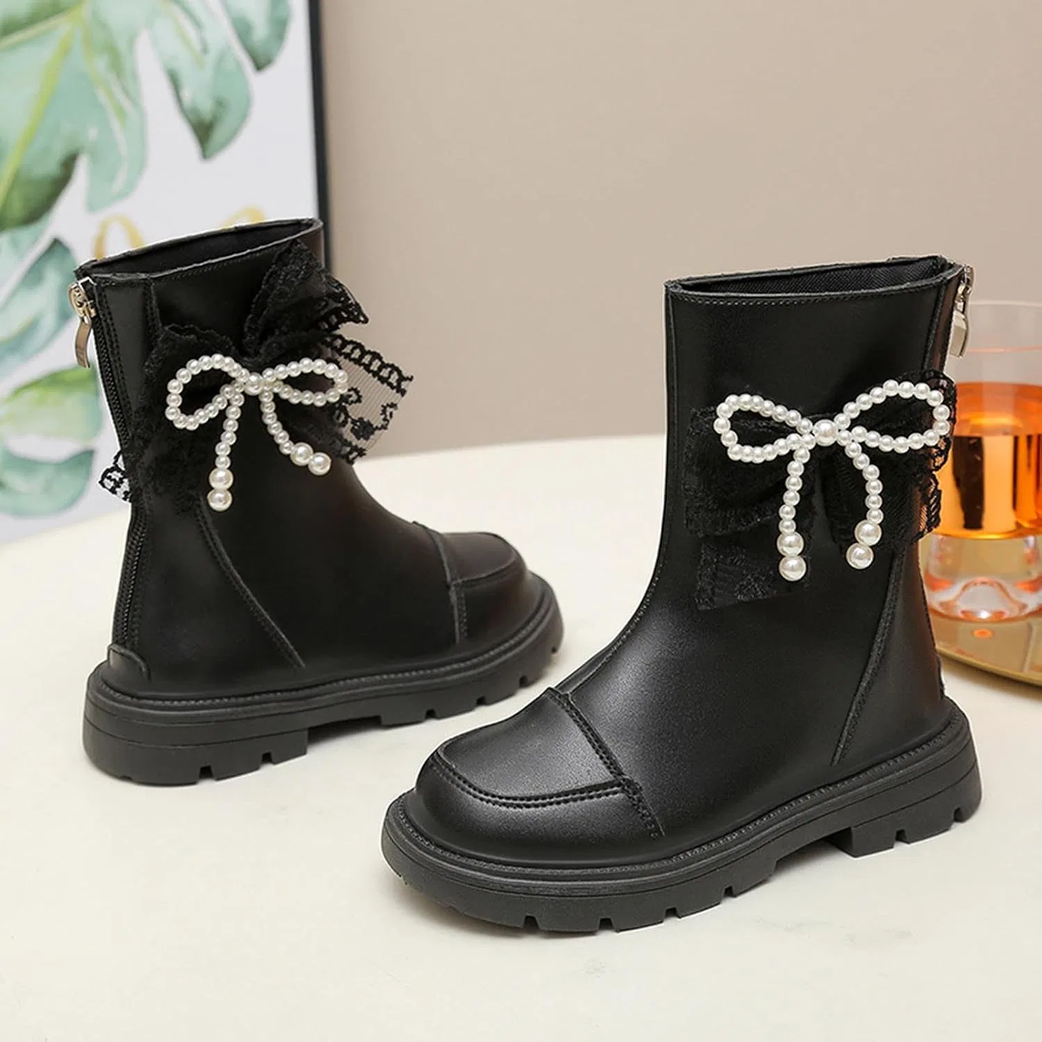 Детские сапоги для девочек с бантом и жемчугом Mid Calf Riding Boots Zzalalana, Black — фото 2