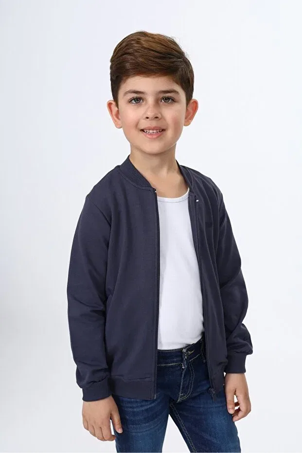 Детский кардиган с принтом Smoked boys' college collar zippered pocket embroidery printed knitted cardigan - 2 thread Toontoy, Smoke Grey — фото 3