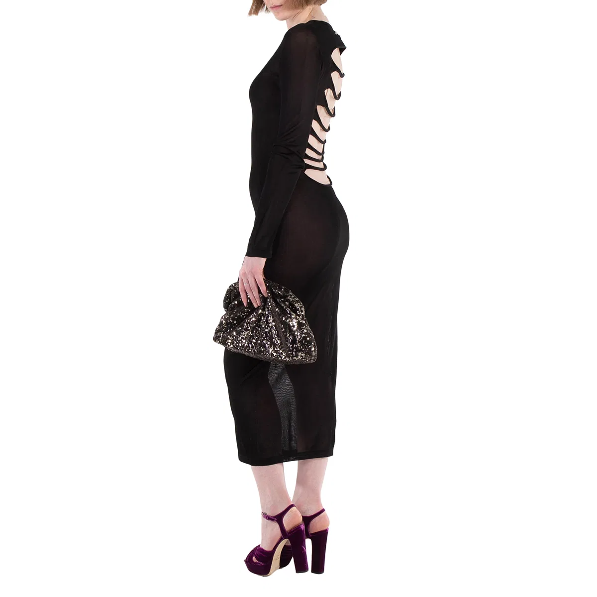 Платье миди трикотажное с разрезами на спине Knit Slashed Back Transparent Midi Dress Versace, Black — фото 2