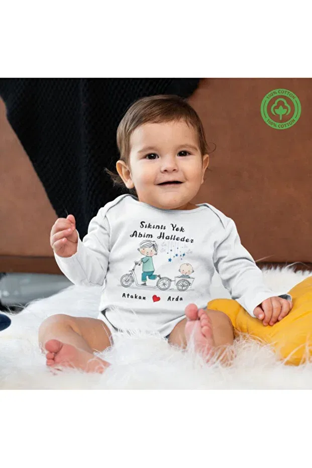 Детское боди-комбинезон с принтом Brother and sister bicycle themed written personalized children's 2-piece combination Asilcomkids, White — фото 4