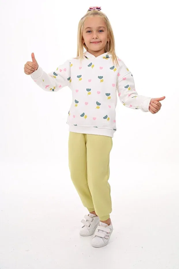 Детский комплект для девочек с принтом Hooded Full Tulip Printed Tracksuit Set Toontoy, Green — фото 3