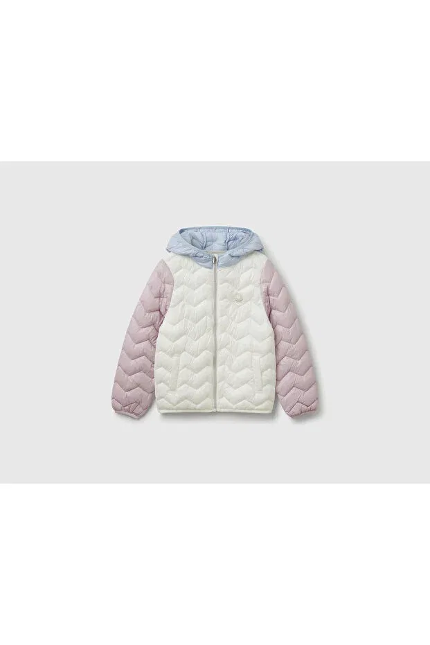 Детское пальто для девочек с капюшоном United Colors Of Benetton, Ecru - Lilac
