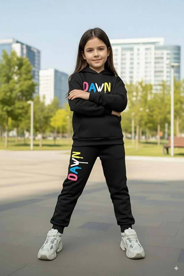 Детский для девочек комплект спортивного костюма с принтом Hooded Dawn Print Detail Kangaroo Pocket Girls Tracksuit Set Fyk Kids, Black — фото 2