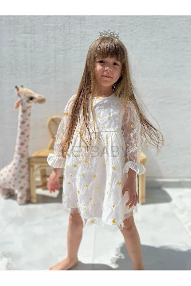Детское платье для девочек с принтом Daisy Pattern Long Sleeve Ketbaby, White — фото 4