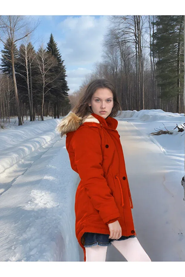 Детское пальто для девочек с капюшоном Waterproof coat with fur inside Joui Co, Tile — фото 2