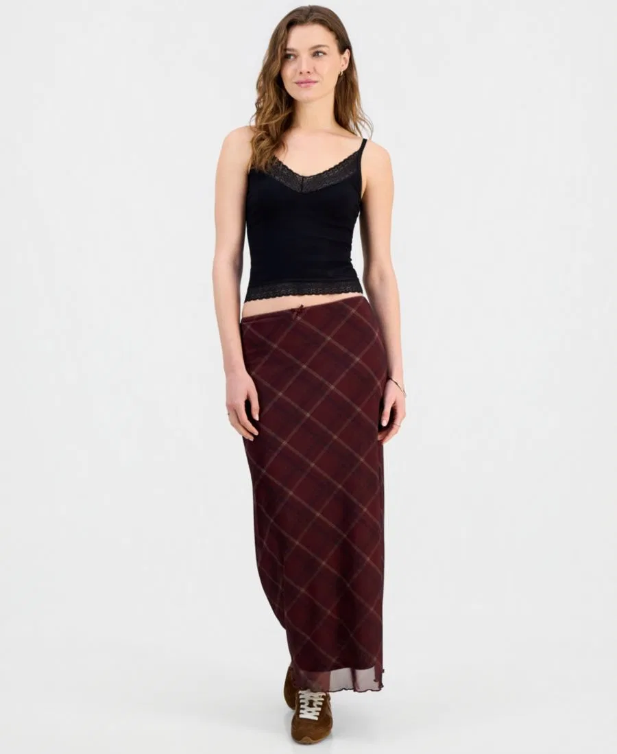Юбка миди с принтом Hippie Rose, Burgundy Plaid