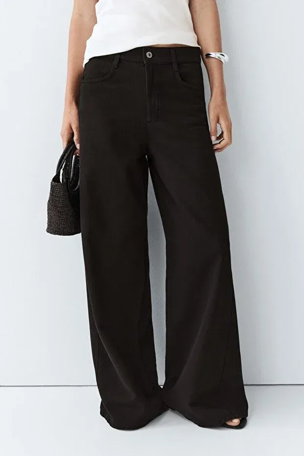 Женские джинсы свободного кроя Fluid Fabric Wide Leg Jeans Massimo Dutti, Black — фото 2