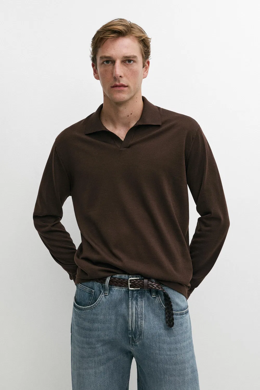 Поло-свитер Massimo Dutti 100% Merino Wool Knit, коричневый
