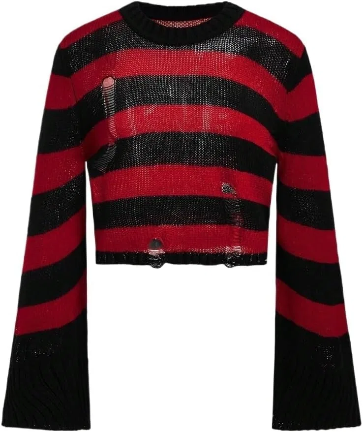 Женский свитшот с принтом, модель Striped Loose Round Neck Long Sleeve Cropped Pullover, мультиколор
