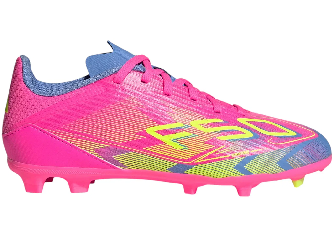 Детские бутсы с технологией FG/MG Adidas F50 League, Lucid Pink/Lucid Lemon/Blue Fusion