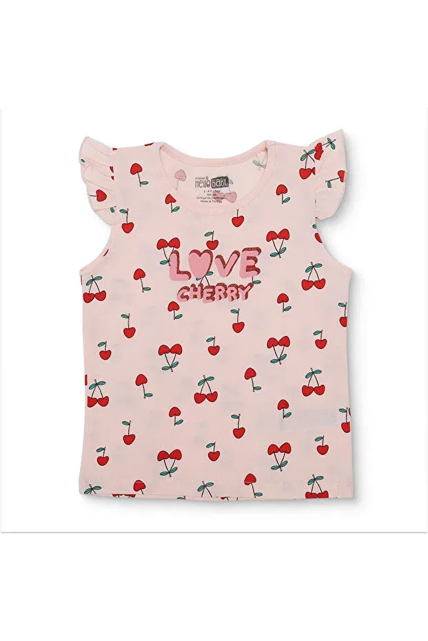 Детская футболка для девочек с принтом Cherry Printed Crew Neck Undershirt Ebebek Hello Baby, Pink Printed