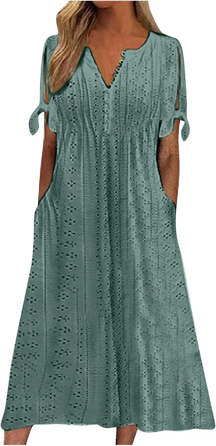 Женское летнее платье макси с вышивкой и завязками, Dark Green