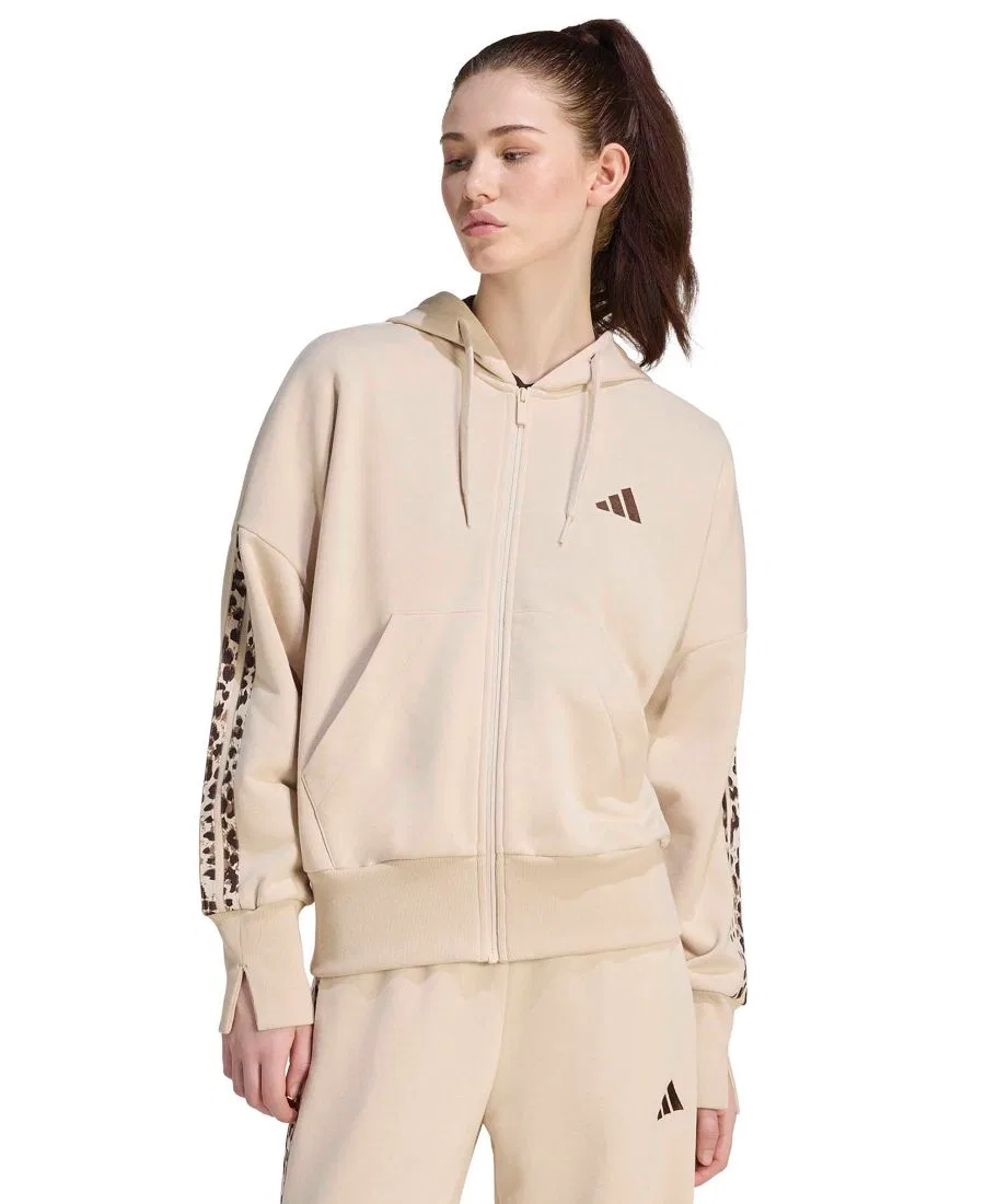 Женская куртка-худи с капюшоном, принт animal print, 3-Stripes adidas, Crystal Linen/Multicolor/Khaki Six
