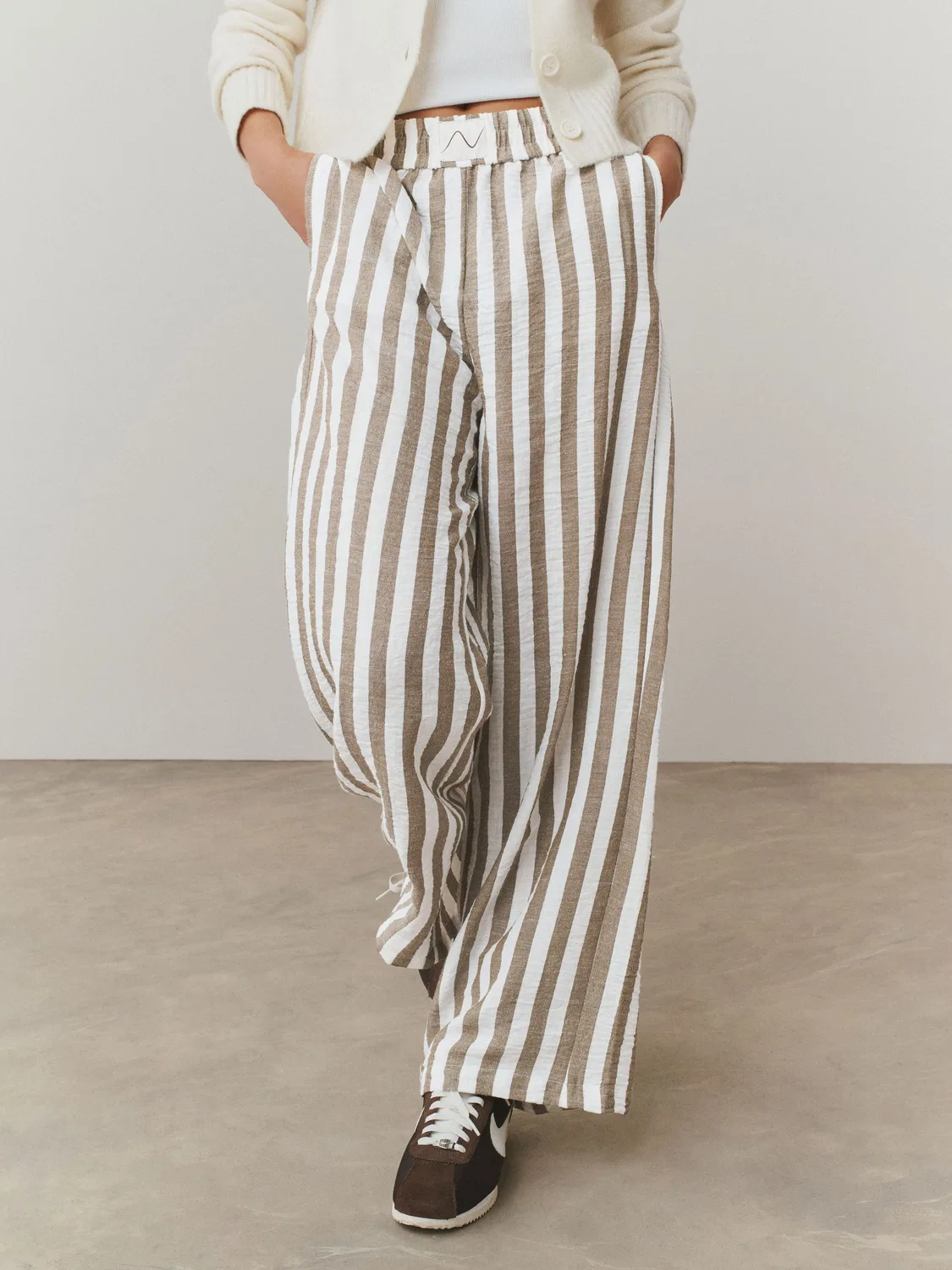 Брюки широкие с полоской, Pull On Next, Ecru/Brown Stripe