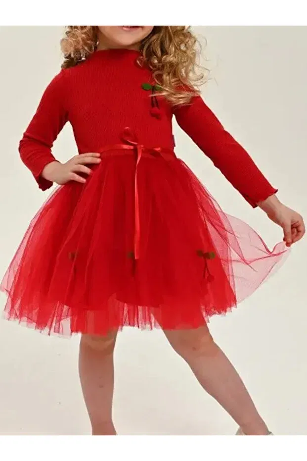 Детское платье для девочек хлопковое с принтом Cherry Nc Gift, Long Red