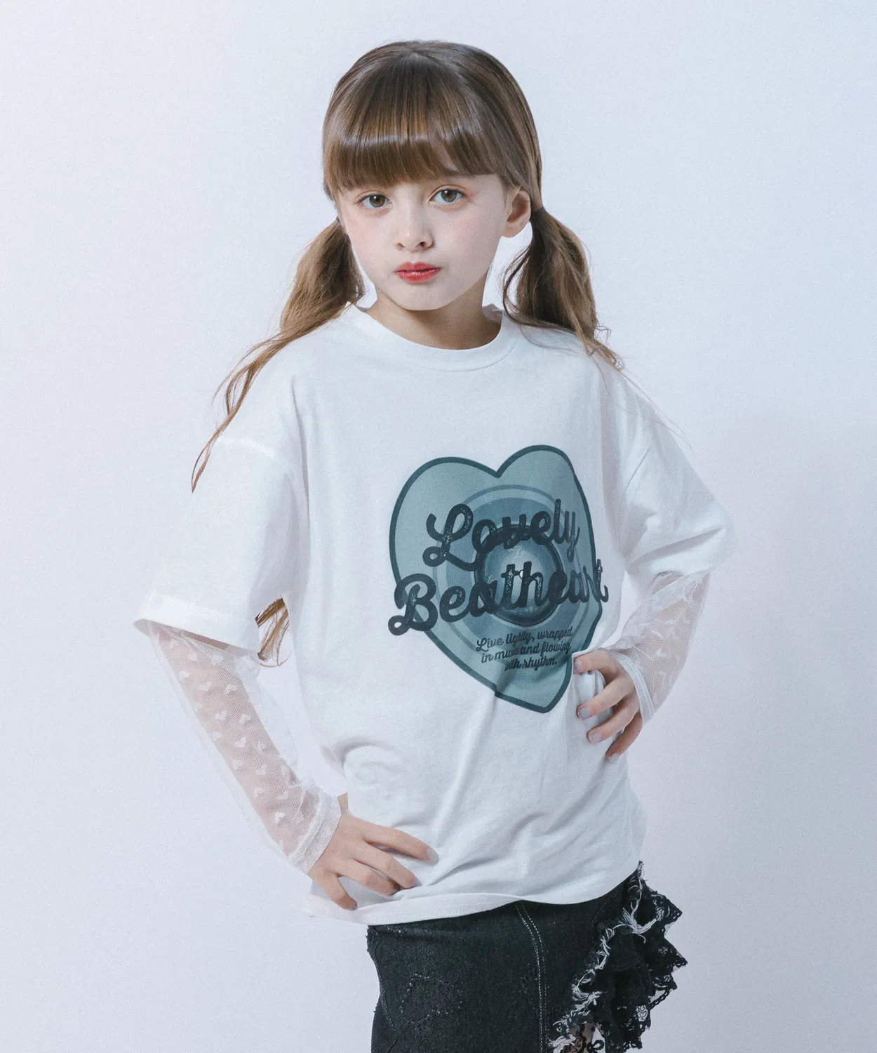 Детская футболка с принтом Heart Record и тюлевыми рукавами URBAN CHERRY, White — фото 4