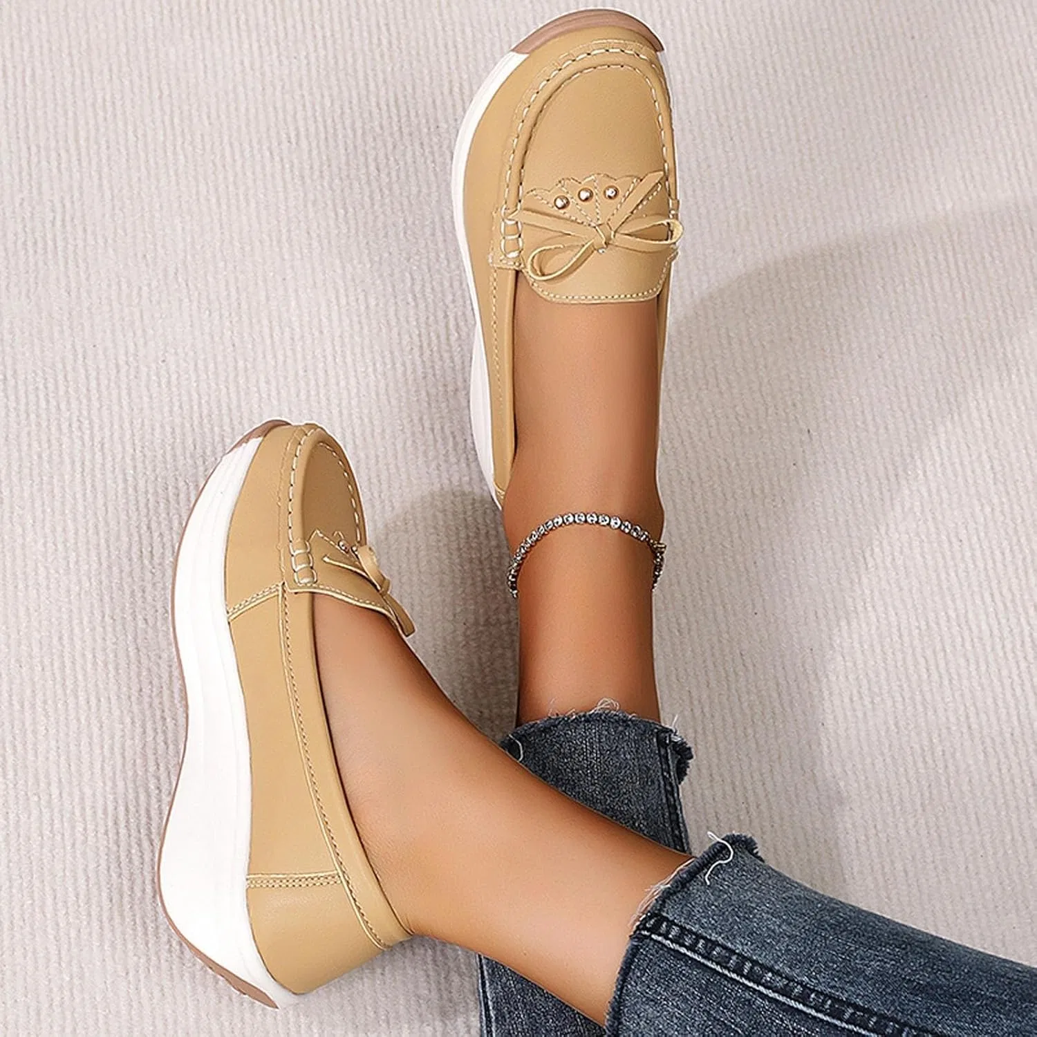 Лоферы женские из искусственной кожи, Slip On, Khaki Kldyj — фото 4