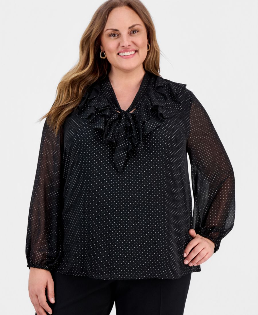 

Блузка большого размера с принтом в виде золотых точек и завязками на шее Kasper, Black/Gold