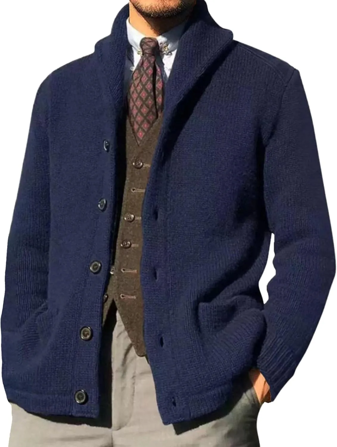 

Мужской кардиган с воротником-шалью и рельефной вязкой