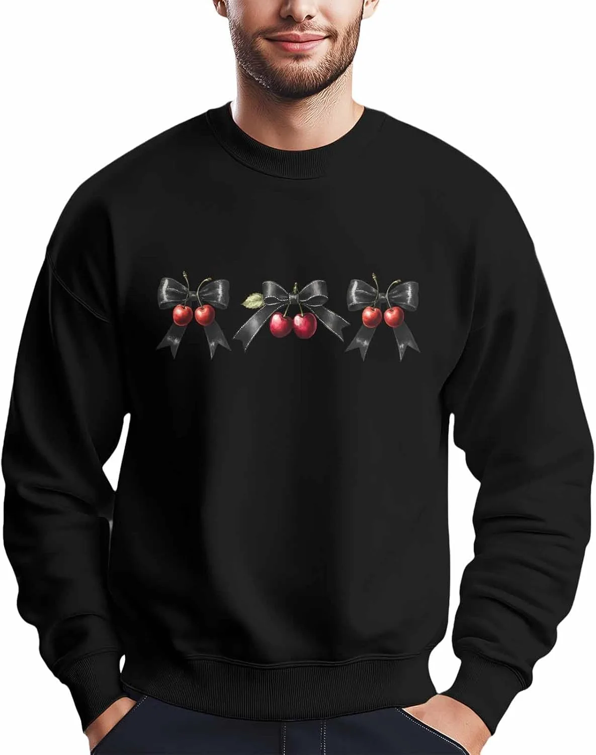 

Мужской свитшот с черным бантом и вишневым принтом, Crewneck, Long Sleeve Winvebermior