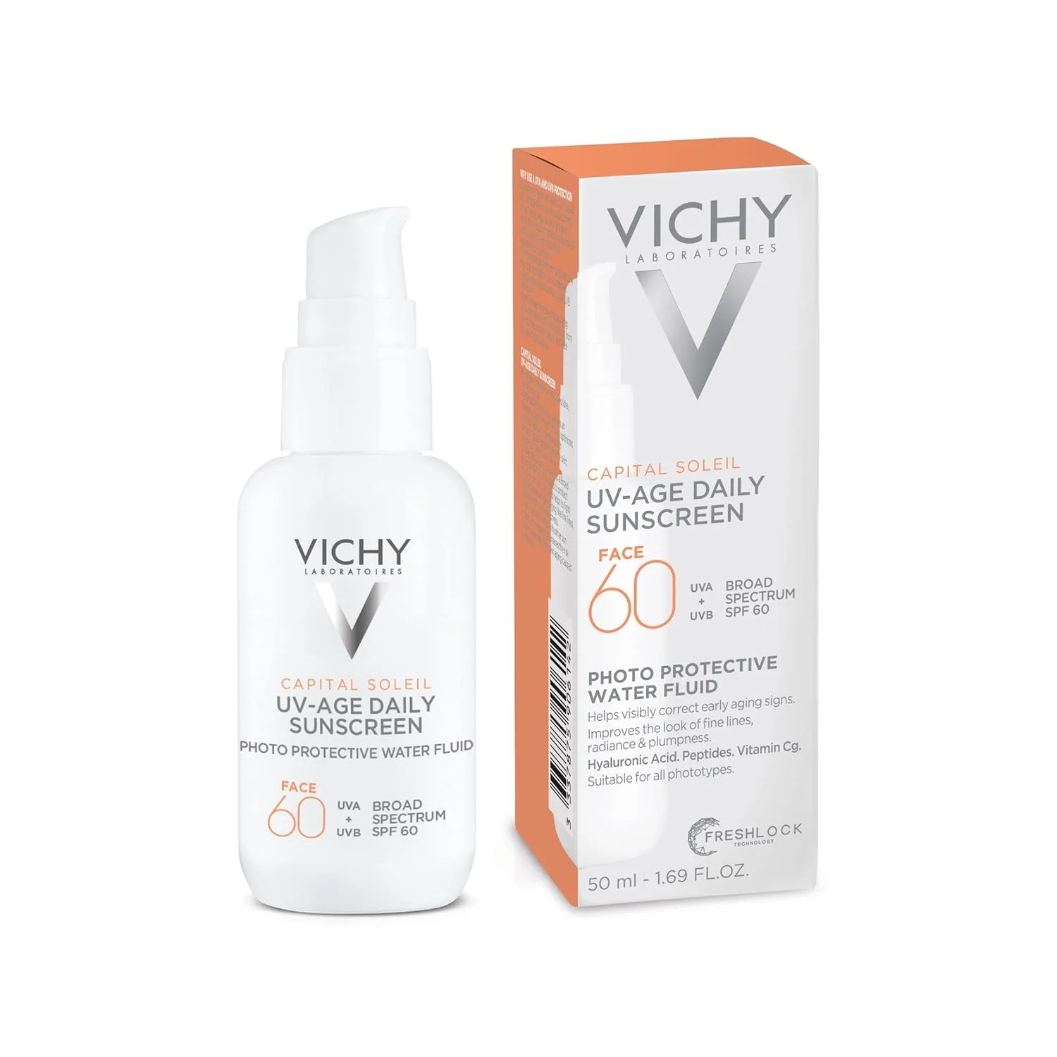 Vichy Capital Soleil UV-Age Daily SPF 60, антивозрастной солнцезащитный крем для лица SPF 60, гиалуроновая кислота + пептиды + витамин C, широкий спектр защиты, невидимый на коже, Invisible — фото 3