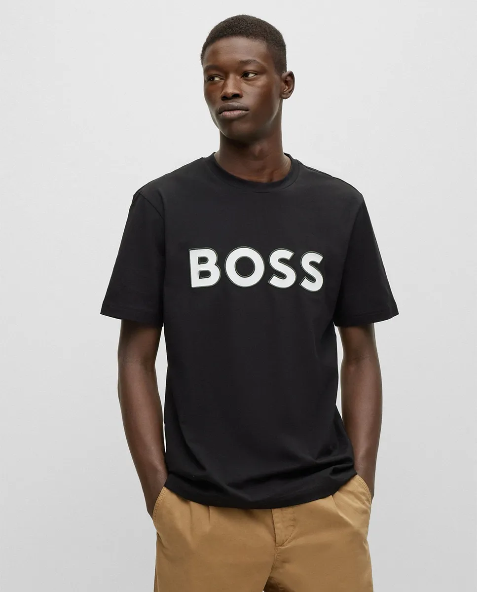 

Мужская футболка из эластичного хлопка с контрастным логотипом Boss, черный