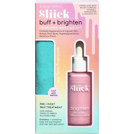 

Набор Sliick Buff and Brighten 1 унция 30 мл с отшелушивающим набором для спасения от вросших волос, варежкой для тела и отшелушивающей сывороткой Salon Perfect