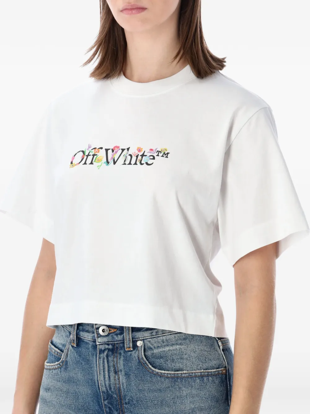 Укороченная футболка с цветочным принтом Off-White, белый — фото 3