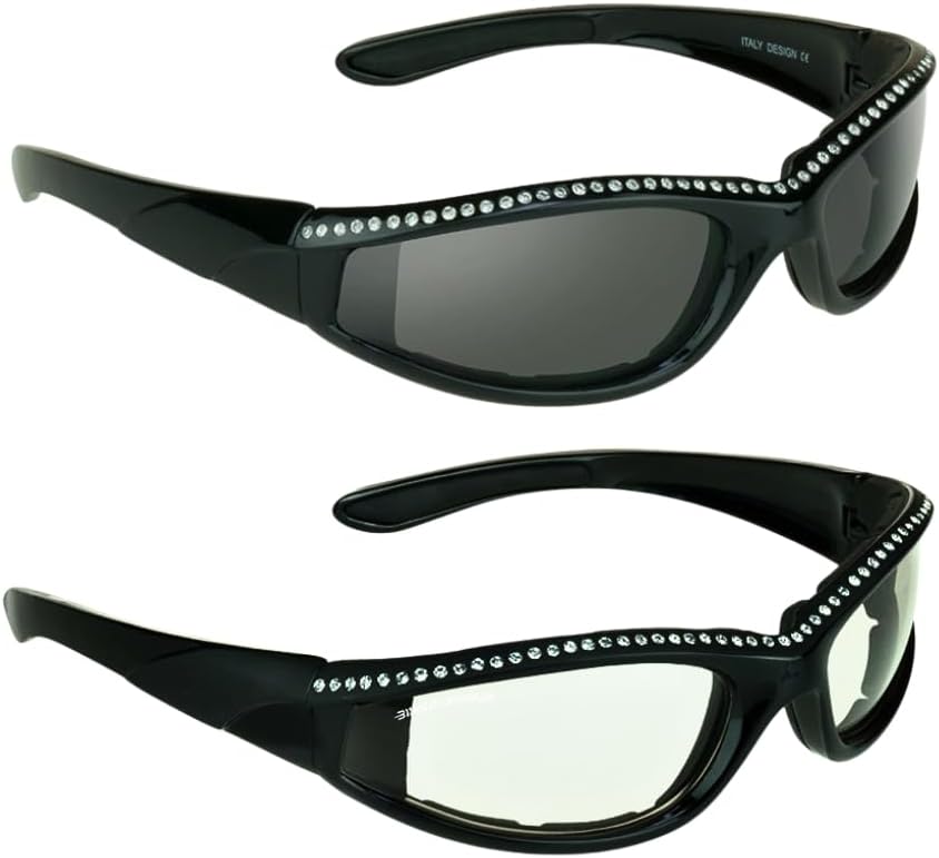 

Защитные мотоциклетные очки Bikershades со стразами для женщин, с мягкой подкладкой из пеноматериала, для дневного, дымчатого и ночного времени, желтого цвета, прозрачные, защищают от ветра и пыли, Smoke Black + Clear Black Combo