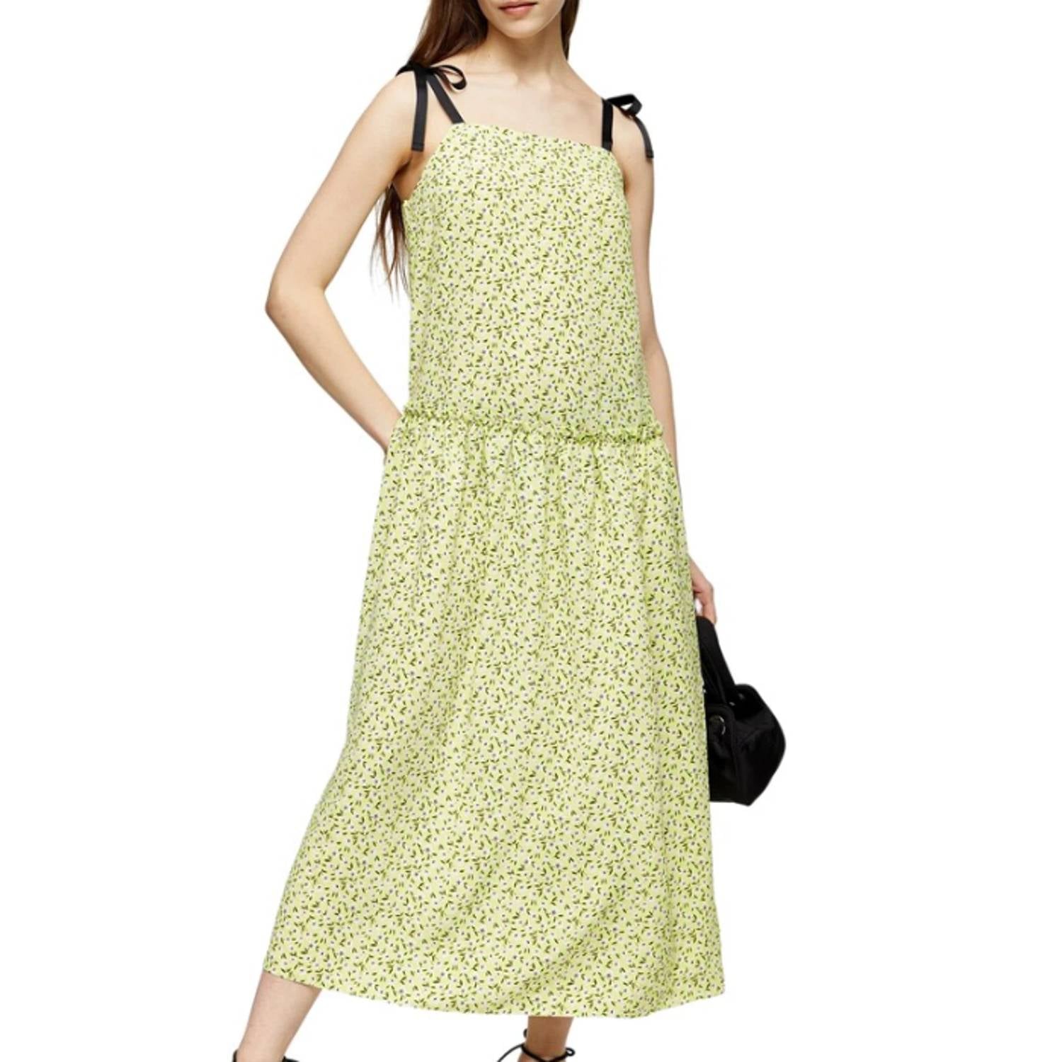 

Цветочное платье миди без рукавов в лаймовом цвете Topshop, Lime
