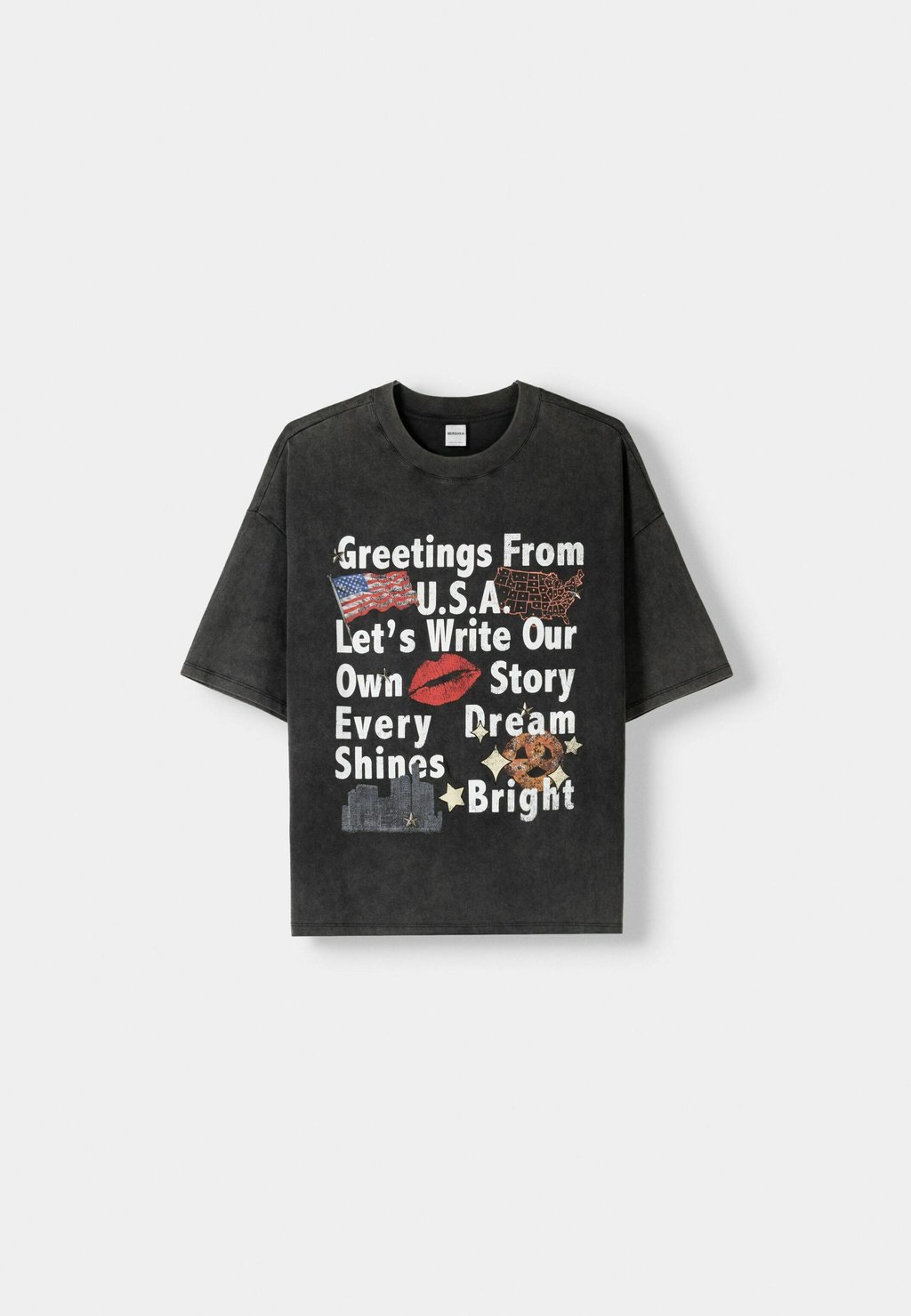 

Футболка с принтом PRINTED OVERSIZE Bershka, серый