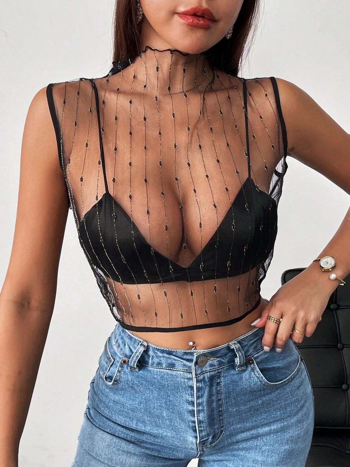 

SHEIN Privé женский свободный укороченный топ из полупрозрачной сетки на лето, черный цвет