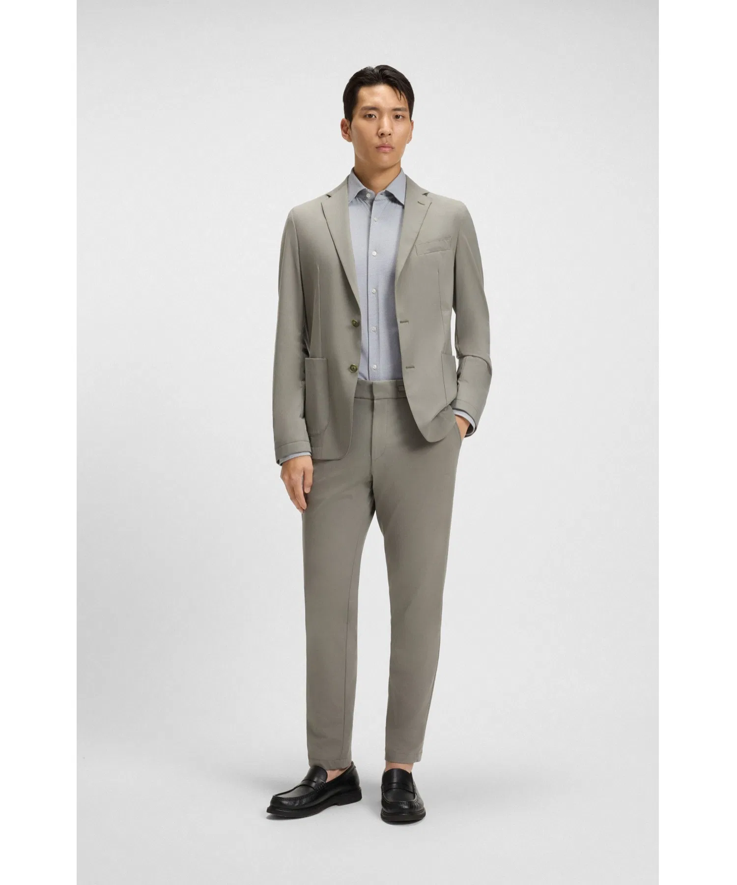 Мужская рубашка BOSS Slim Fit из эластичного нейлона светло-серого цвета — фото 4